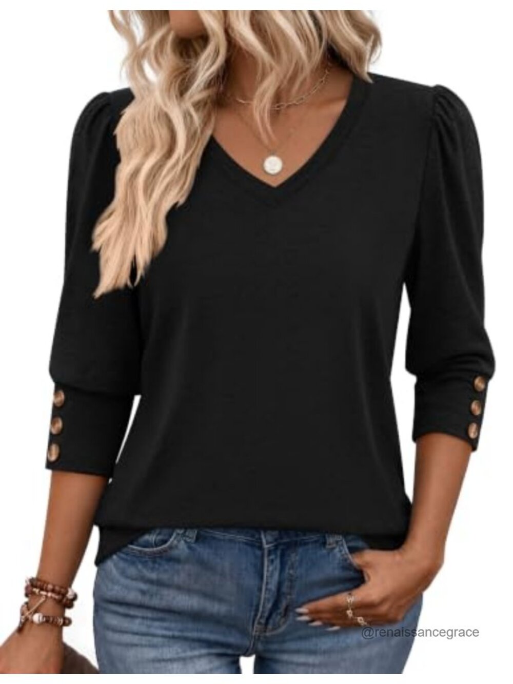 Womens 3/4 Sleeve V Neck T Shirt Puff Sleeve Buttoned Dressy Casual Top